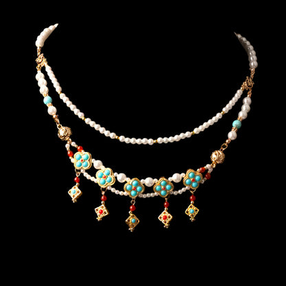 Cloisonné Tibetan Pearl Tassel Necklace with Gold Accents