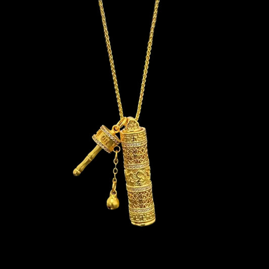 Tibetan Gilded Prayer Wheel Pendant with Six-Syllable Mantra