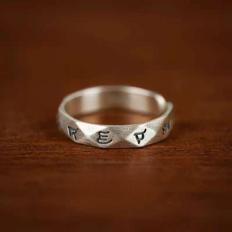 Tibetan Six-Word Mantra Open Ring in Aged Sterling Silver