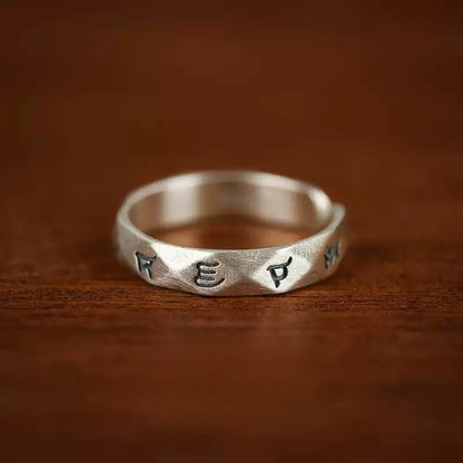 Tibetan Six-Word Mantra Open Ring in Aged Sterling Silver