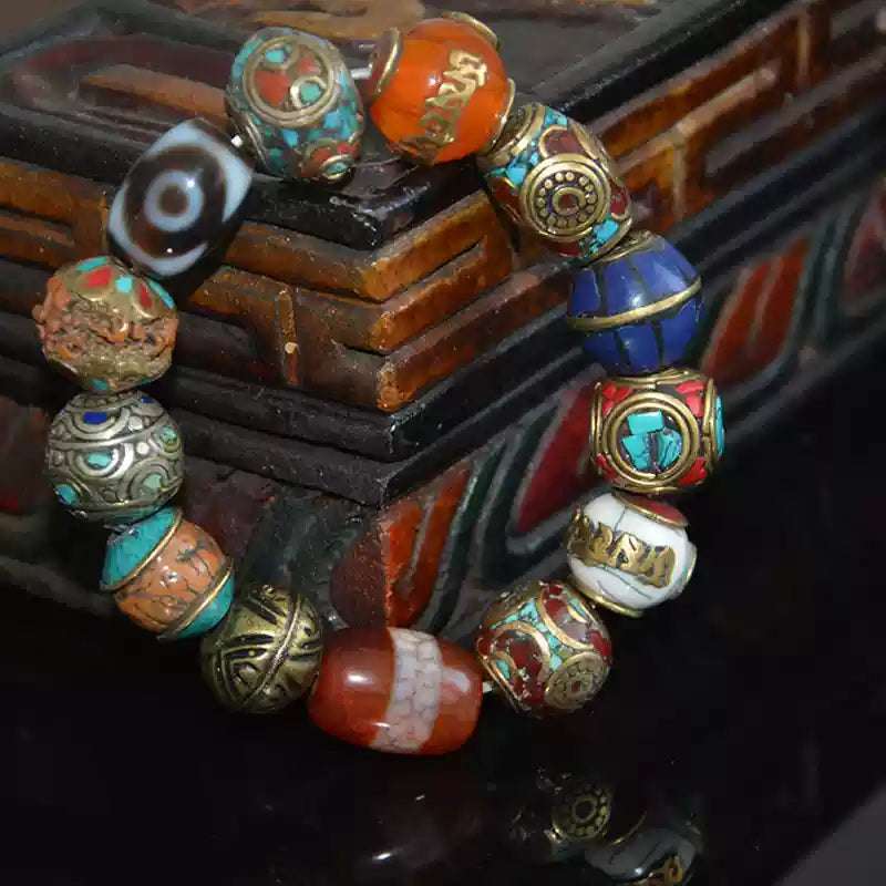 Tibetan Three-Eye Dzi Bead & Bodhi Seed Healing Chakra bracelet with Gemstones