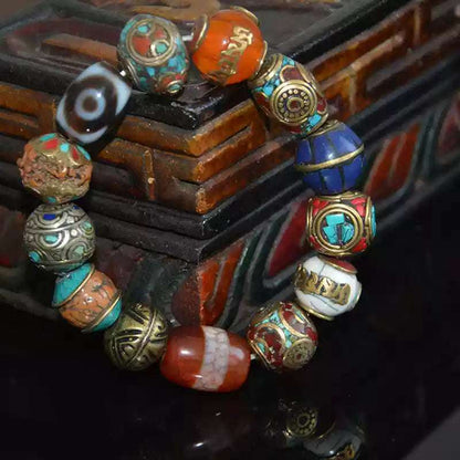 Tibetan Three-Eye Dzi Bead & Bodhi Seed Healing Chakra bracelet with Gemstones