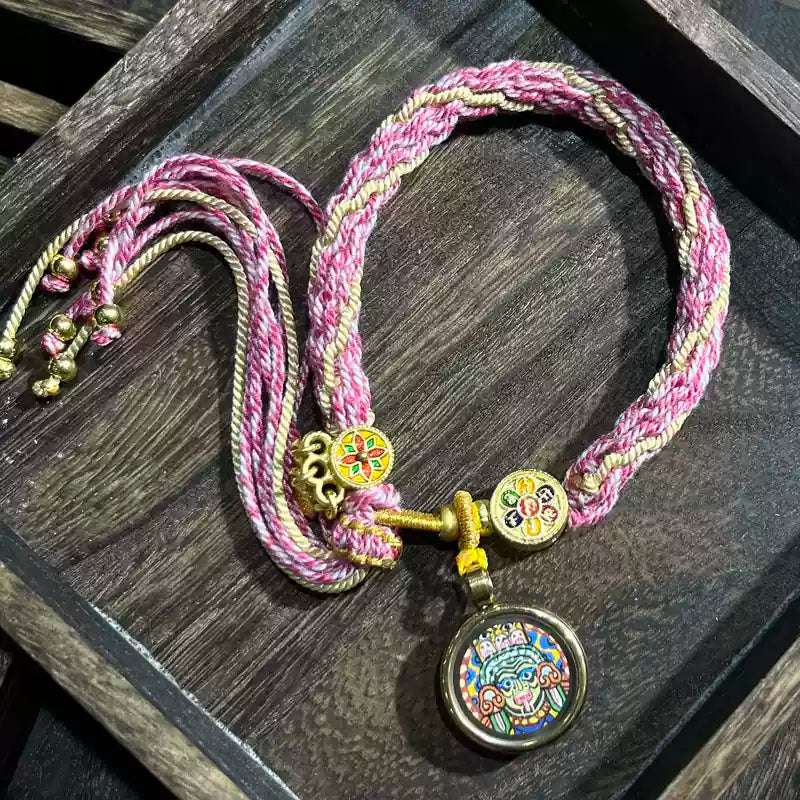 Hand-Painted Tibetan Thangka Zha Ki Ram Bracelet with Green Tara and Five Buddhas