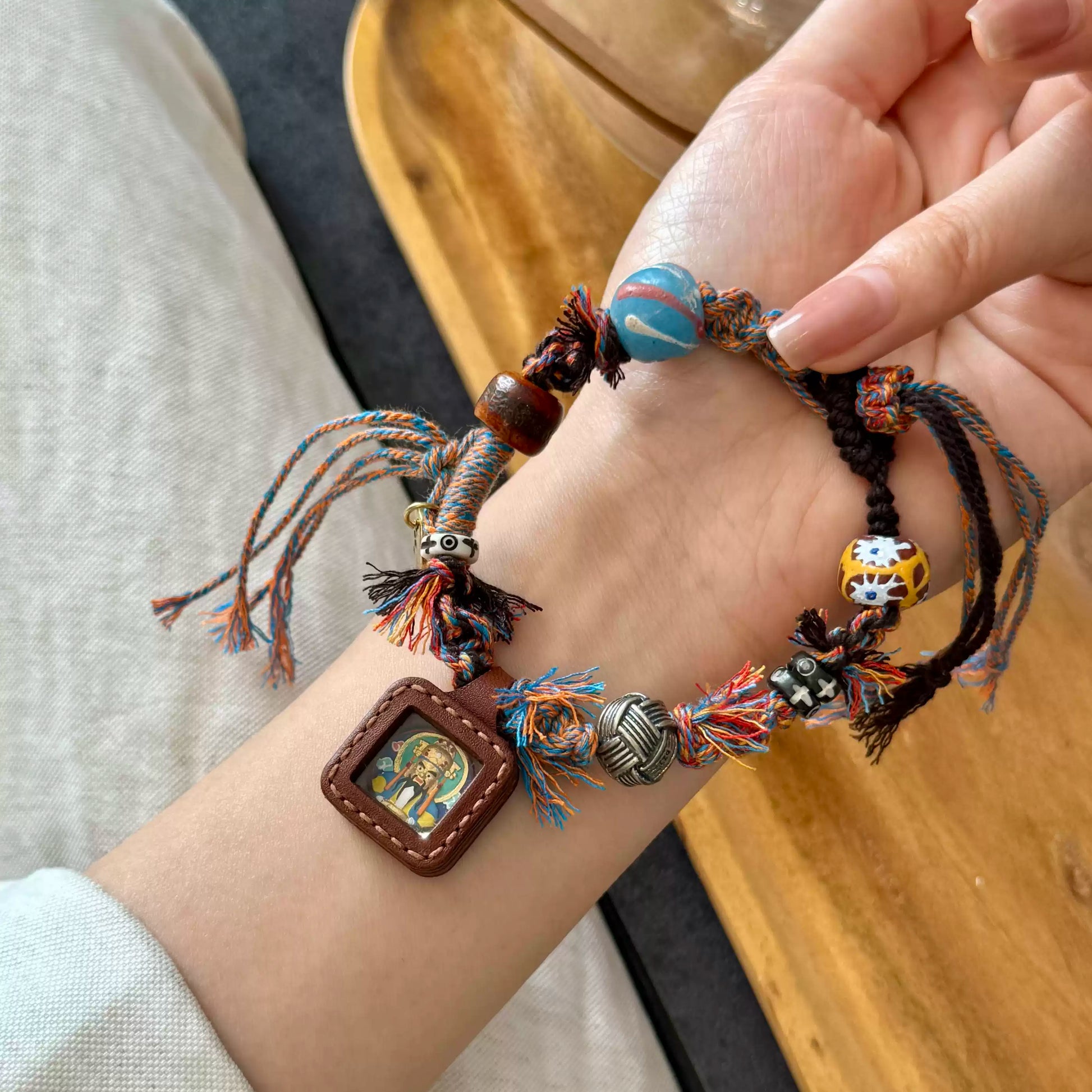 Tibetan Handmade Bracelet with Thangka, Yak Bone, Glass & Silver