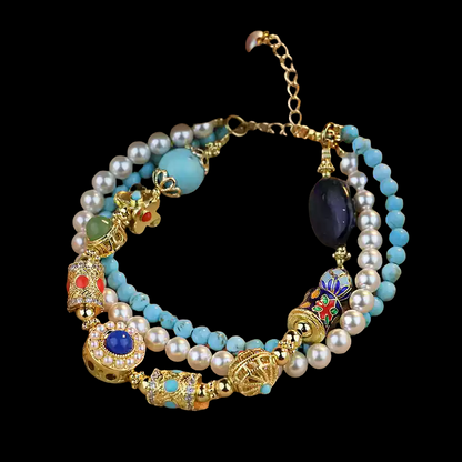 Tibetan Cloisonné & Turquoise Bracelet with Pearls & Gold Charms