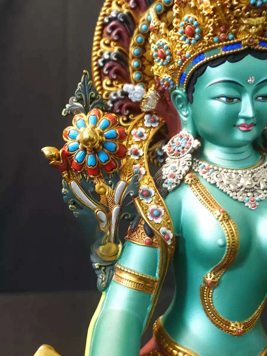 Handcrafted Tibetan Green Tara Statue – Pure Copper with Detailed Engraving and Colorful Paintwork