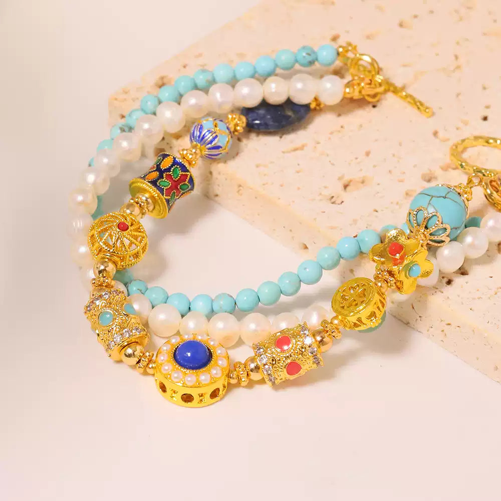 Tibetan Cloisonné & Turquoise Bracelet with Pearls & Gold Charms