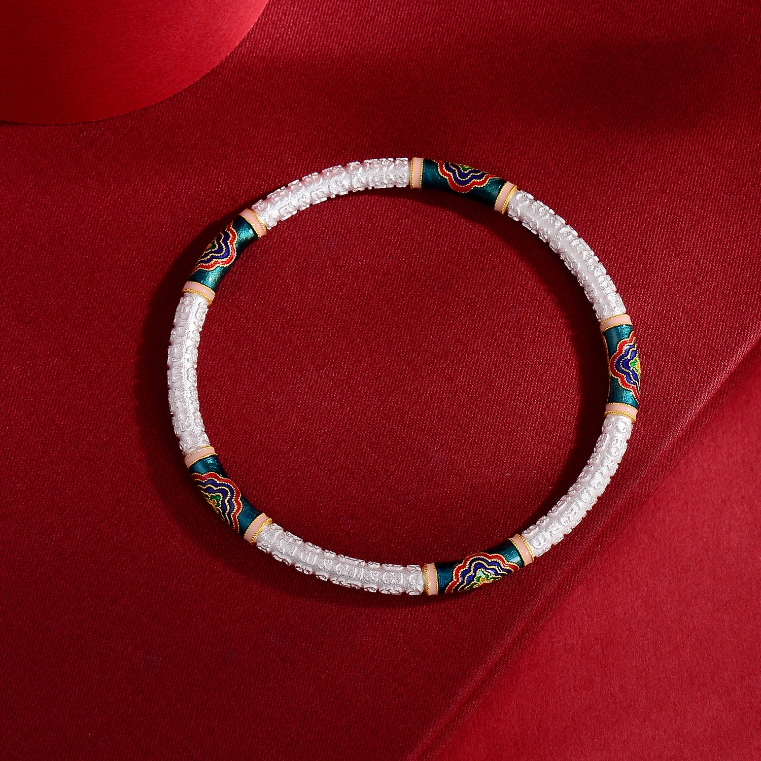 Sterling Silver Cloisonné Flower Bracelet with 5 Buddhist Scriptures