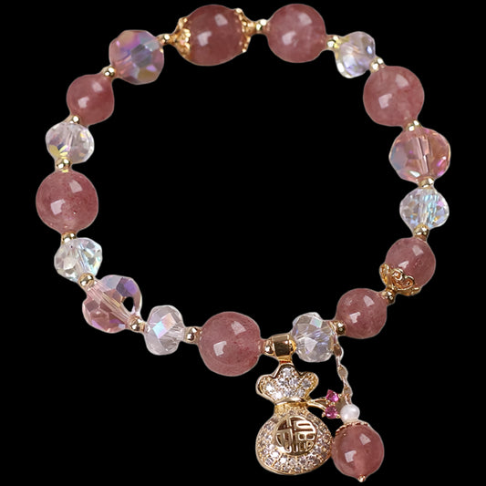 Tibetan Strawberry Quartz Bracelet with Crystal Beads & Wealth Charm