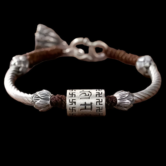 Tibetan Silver Mantra Bracelet with Woven Cord & Lotus Accents
