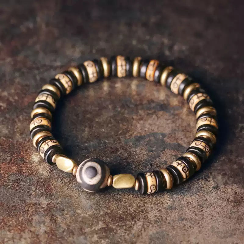 Tibetan Ox Bone Bracelet with Ebony, Brass & Dzi Bead Accents