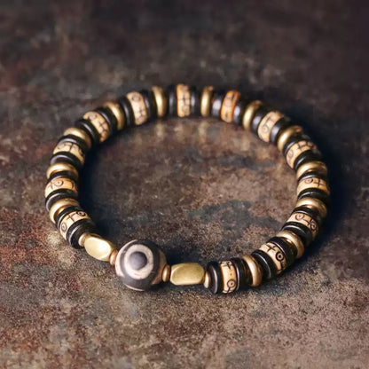 Tibetan Ox Bone Bracelet with Ebony, Brass & Dzi Bead Accents