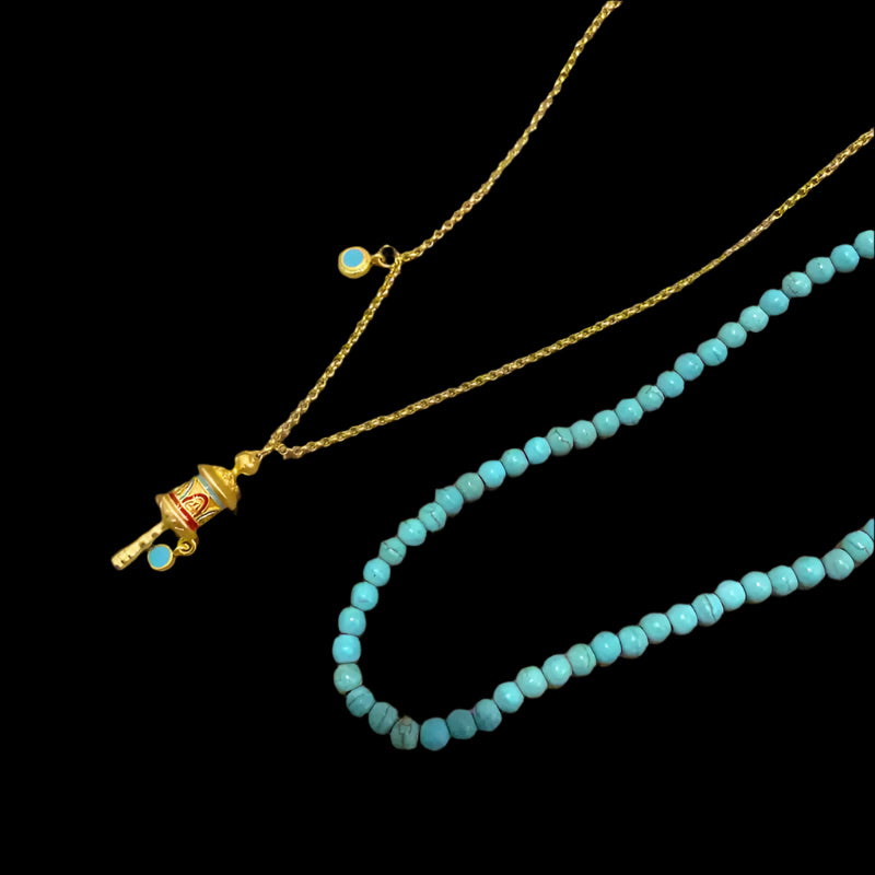 Turquoise Enamel Prayer Wheel Necklace with Gold Accents