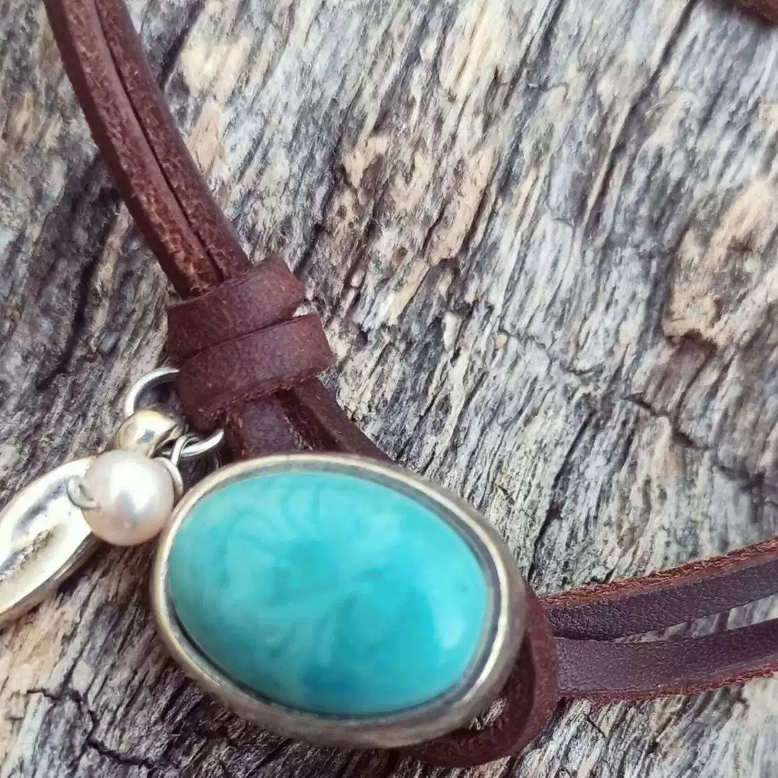 Tibetan Turquoise Choker Necklace with Multi-Layer Leather Wrap