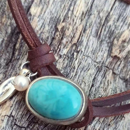 Tibetan Turquoise Choker Necklace with Multi-Layer Leather Wrap