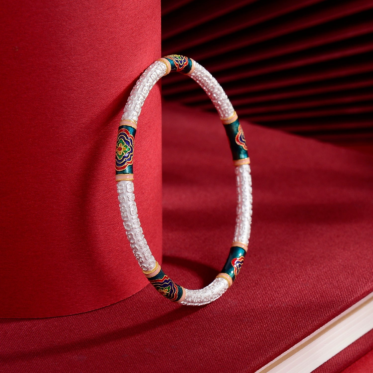 Sterling Silver Cloisonné Flower Bracelet with 5 Buddhist Scriptures