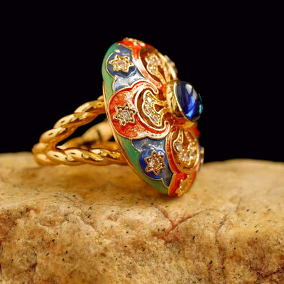 Tibetan Handcrafted Agate and Enamel Ring – Intricate Natural Stone and Traditional Enamel Work
