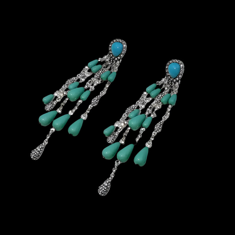 Tibetan Turquoise Tassel Earrings with Silver Chains