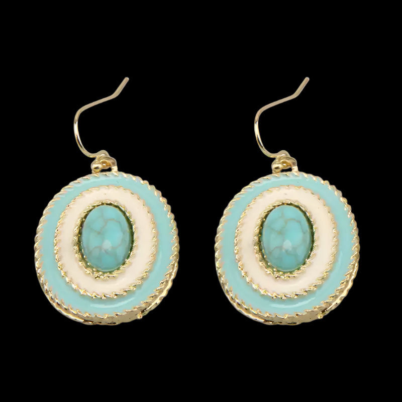 Vintage Enamel Earrings with Oval Turquoise Center and Gold Detailing