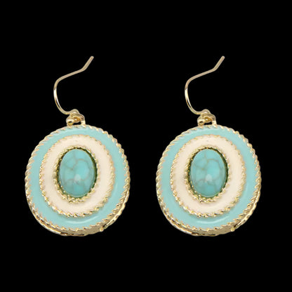 Vintage Enamel Earrings with Oval Turquoise Center and Gold Detailing