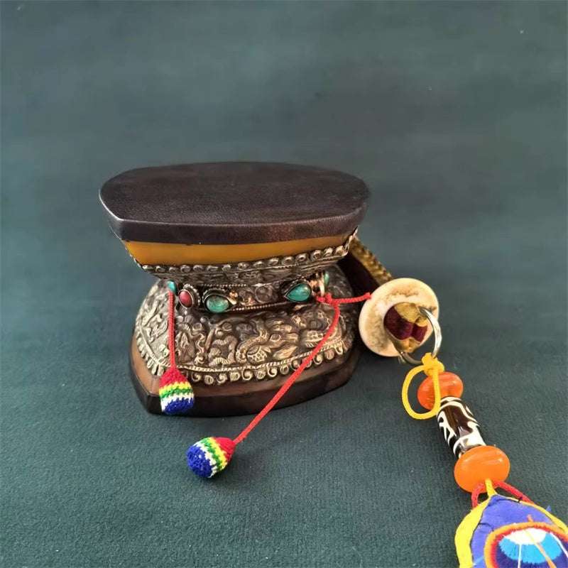 Handcrafted Ancient Style Gilded Square Drum – Sacred Tibetan Drum with Sheep Leather and Sandalwood Frame