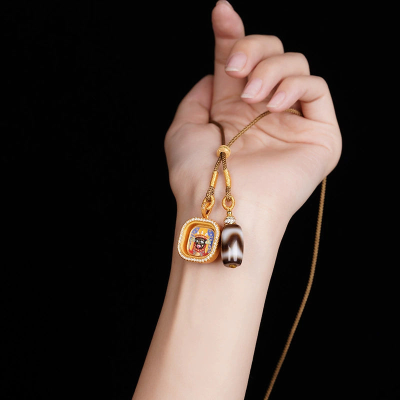 Hand-Painted Thangka Necklace of Jachy Lam: Guardian of Fate