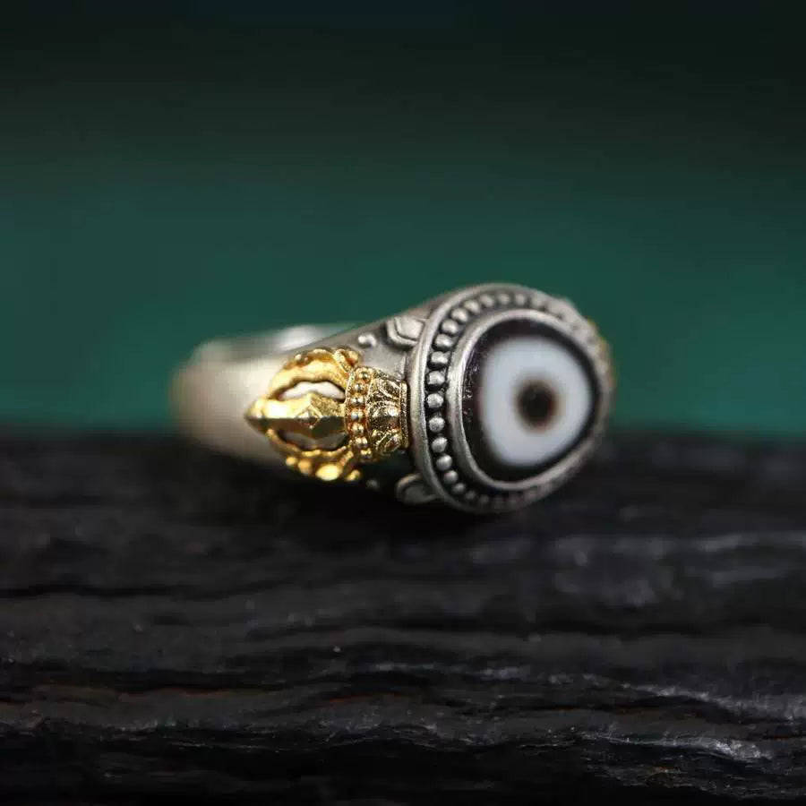 Third Eye Armor® Vajra Design Silver Ring with Dzi Bead