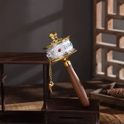 Tibetan Prayer Wheel - Gold-Plated Brass with Mantra Engravings & Wooden Handle
