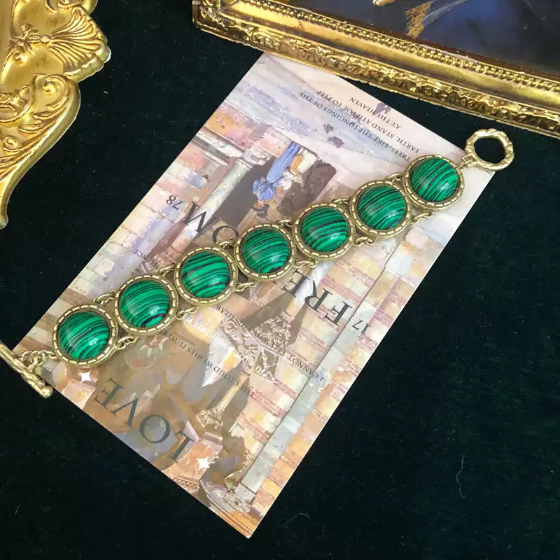 Vintage-Inspired Turquoise & Malachite Bracelet with Aged Gold