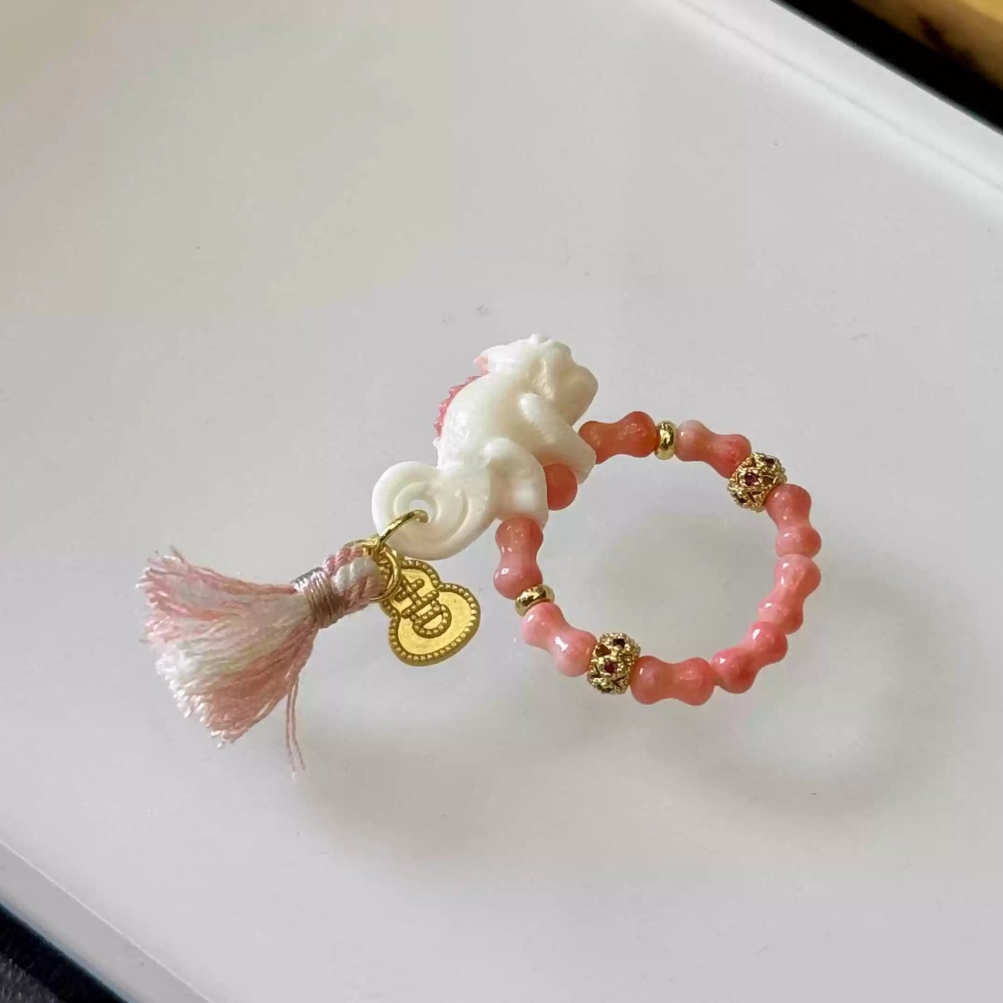Funky Punky® Pink Bamboo Coral Ring with Carved Bone Lizard Charm