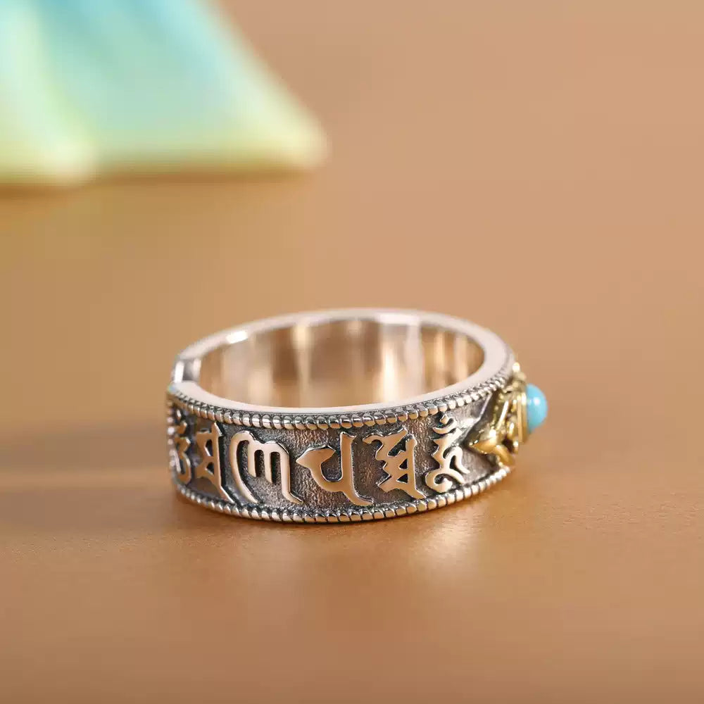 Tibetan Vajra Ring in Sterling Silver with Turquoise Inlay