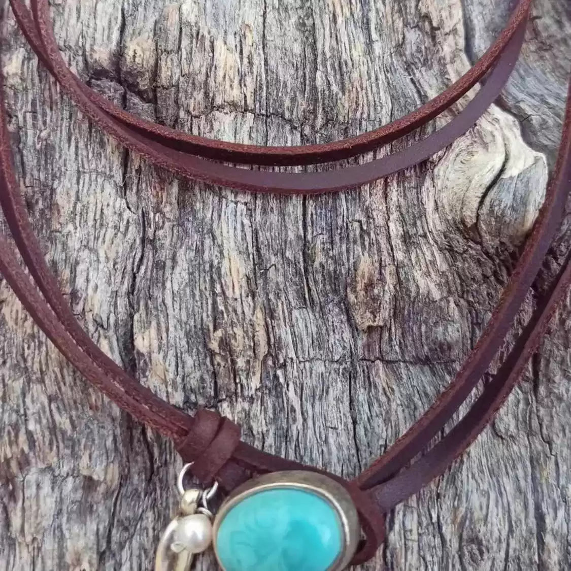 Tibetan Turquoise Choker Necklace with Multi-Layer Leather Wrap