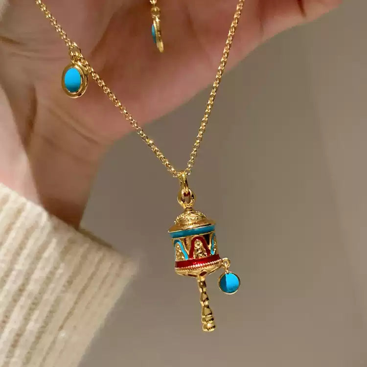 Turquoise Enamel Prayer Wheel Necklace with Gold Accents