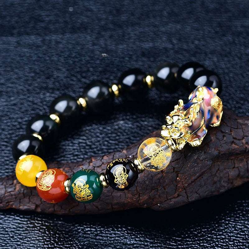 Natural Black Agate Five Wealth Gods Chakra Bracelet with Color-Changing Pixiu