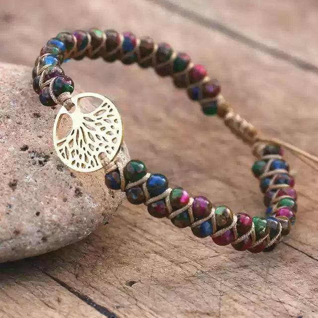 Pastel Reverie® Jasper Beaded Bracelet with Tree of Life Charm & Hand-Knotting