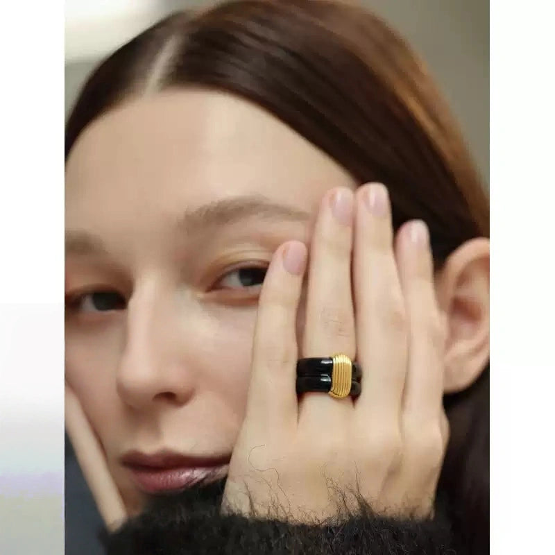 French Vintage Wide Band Ring – White Enamel Gold-Plated Copper