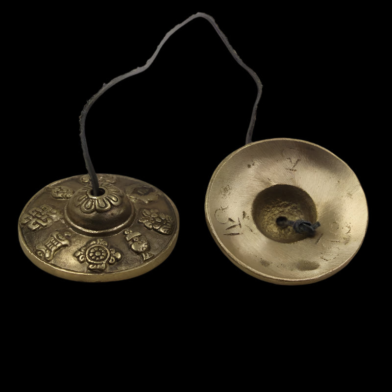 Handcrafted Copper Tingsha Cymbals – Sacred Double Bell with Auspicious Eight Treasures Design