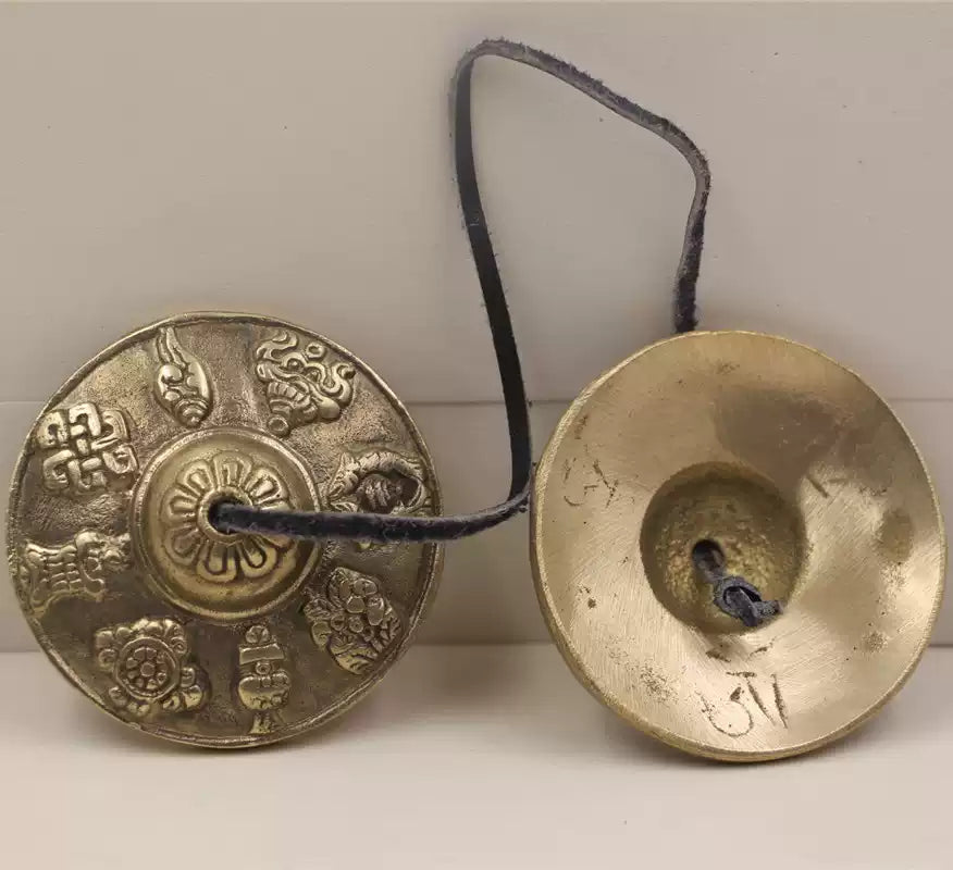 Handcrafted Copper Tingsha Cymbals – Sacred Double Bell with Auspicious Eight Treasures Design