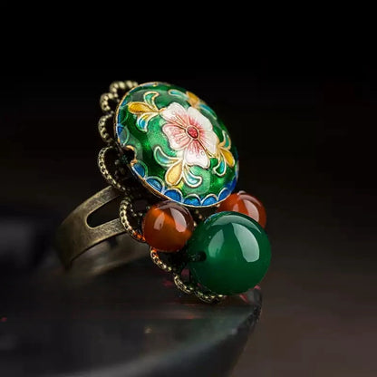 Vintage Cloisonné Floral Agate Ring