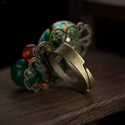 Vintage Cloisonné Floral Agate Ring