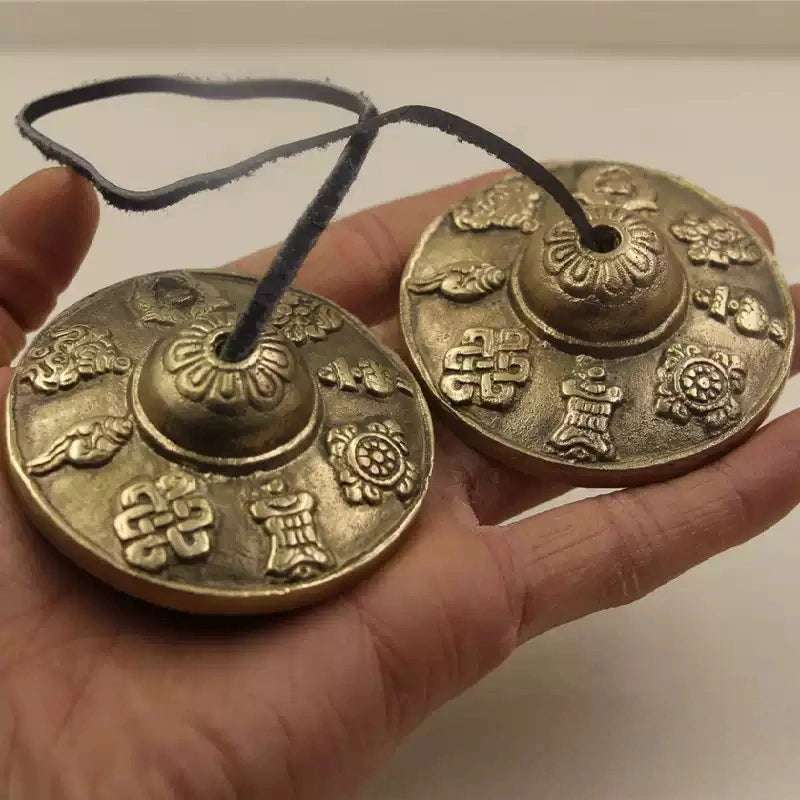 Handcrafted Copper Tingsha Cymbals – Sacred Double Bell with Auspicious Eight Treasures Design