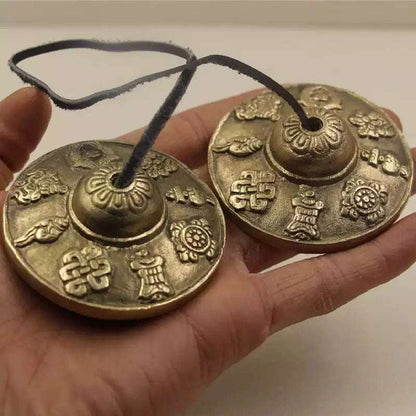 Handcrafted Copper Tingsha Cymbals – Sacred Double Bell with Auspicious Eight Treasures Design