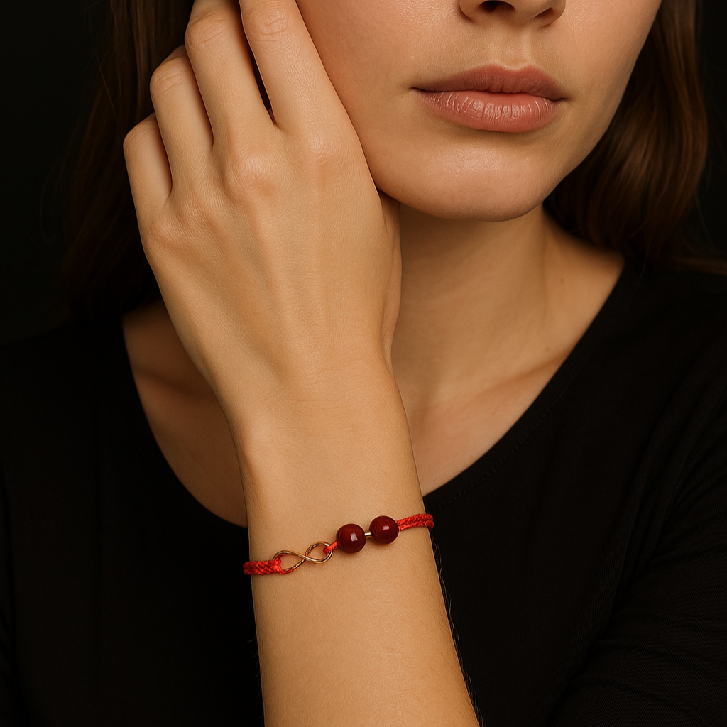 Tibetan Red Rope Bracelet with Cinnabar Beads & Infinity Knot