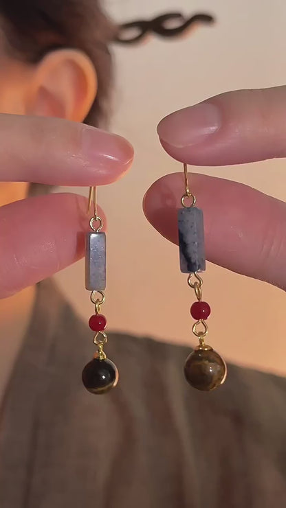 Retro-Ethnic Chinese Earrings with Tiger’s Eye, Agate & Quartz